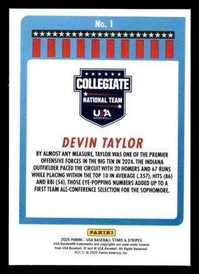 2025 Panini Stars and Stripes USA Baseball #1 Devin Taylor - Baseball Card Single
