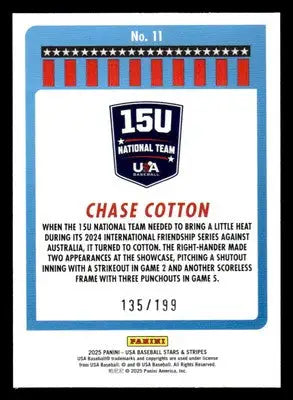 2025 Panini Stars and Stripes USA Baseball #11 Chase Cotton Red #/199 - Baseball Card Single