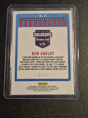2025 Panini Stars and Stripes USA Baseball #12 Ben Abeldt Red Lightning #/30 - Baseball Card Single