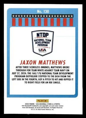 2025 Panini Stars and Stripes USA Baseball #130 Jaxon Matthews - Baseball Card Single