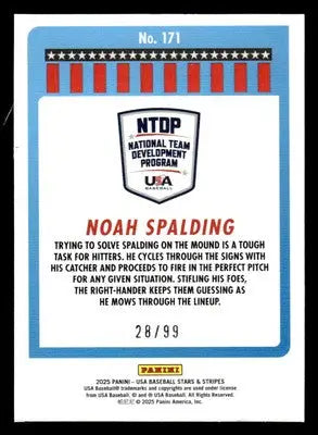 2025 Panini Stars and Stripes USA Baseball #171 Noah Spalding Purple #/99 - Baseball Card Single