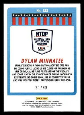 2025 Panini Stars and Stripes USA Baseball #188 Dylan Minnatee Purple #/99 - Baseball Card Single