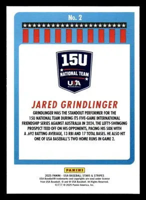 2025 Panini Stars and Stripes USA Baseball #2 Jared Grindlinger - Baseball Card Single
