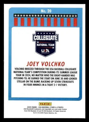 2025 Panini Stars and Stripes USA Baseball #20 Joey Volchko - Baseball Card Single