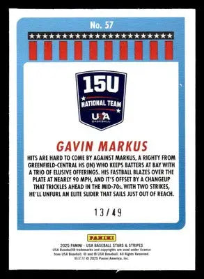 2025 Panini Stars and Stripes USA Baseball #57 Gavin Markus Mojo #/49 - Baseball Card Single