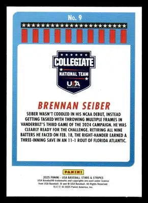 2025 Panini Stars and Stripes USA Baseball #9 Brennan Seiber - Baseball Card Single