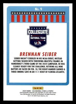 2025 Panini Stars and Stripes USA Baseball #9 Brennan Seiber Opening Day - Baseball Card Single
