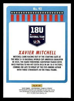 2025 Panini Stars and Stripes USA Baseball #92 Xavier Mitchell - Baseball Card Single