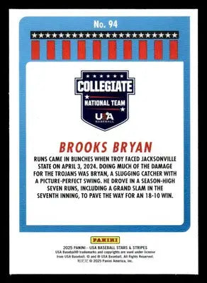2025 Panini Stars and Stripes USA Baseball #94 Brooks Bryan - Baseball Card Single