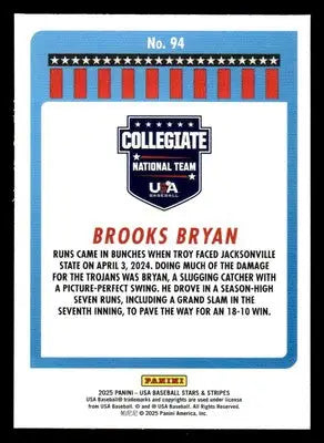 2025 Panini Stars and Stripes USA Baseball #94 Brooks Bryan Opening Day - Baseball Card Single