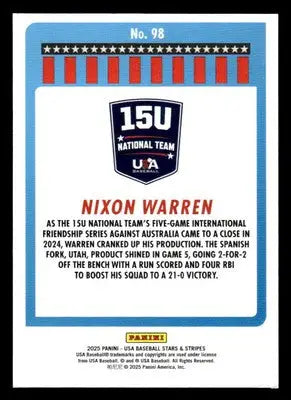 2025 Panini Stars and Stripes USA Baseball #98 Nixon Warren - Baseball Card Single
