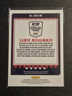2025 Panini Stars and Stripes USA Samir Mohammed 16U/17U Team Materials - Baseball Card Single