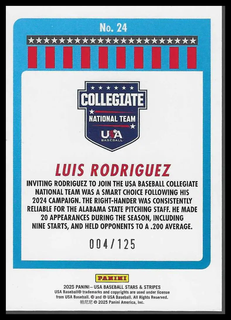 2025 Panini Stars & Stripes USA Baseball Blue Swirl #24 Luis Rodriguez #004/125