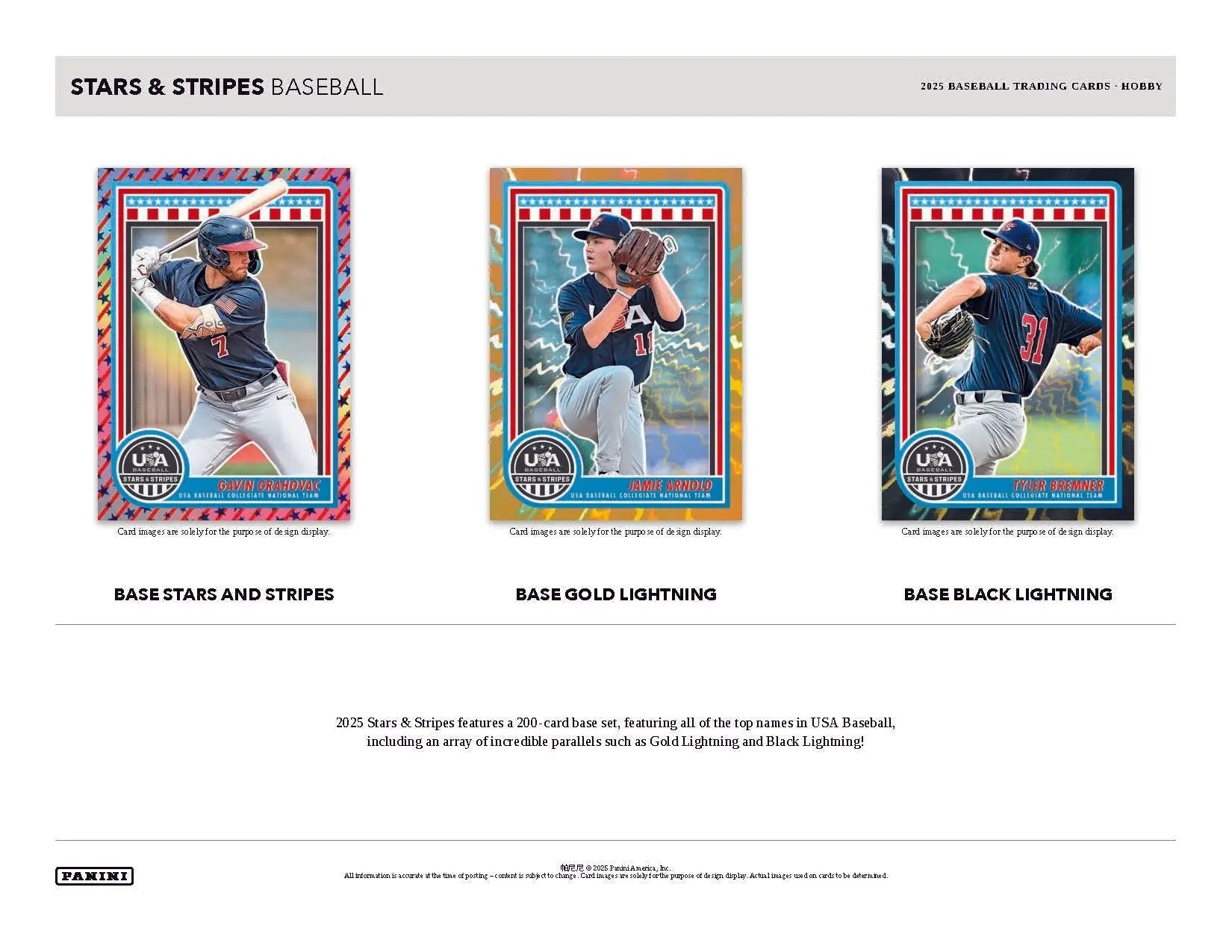 Baseball trading cards from the 2025 Panini USA Baseball Stars & Stripes Hobby Box featuring national team and collegiate national players