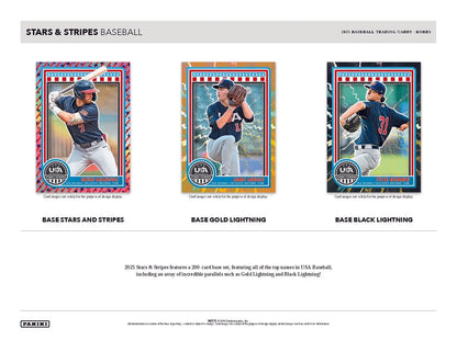 Baseball trading cards from the 2025 Panini USA Baseball Stars & Stripes Hobby Box featuring national team and collegiate national players