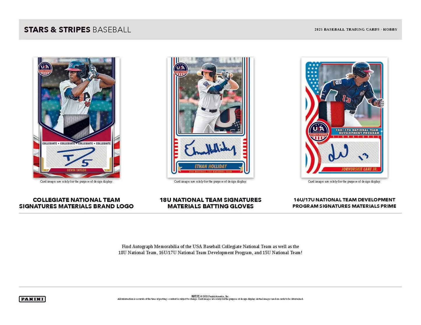Baseball trading cards featuring National Team and Collegiate National players in 2025 Panini USA Hobby Box