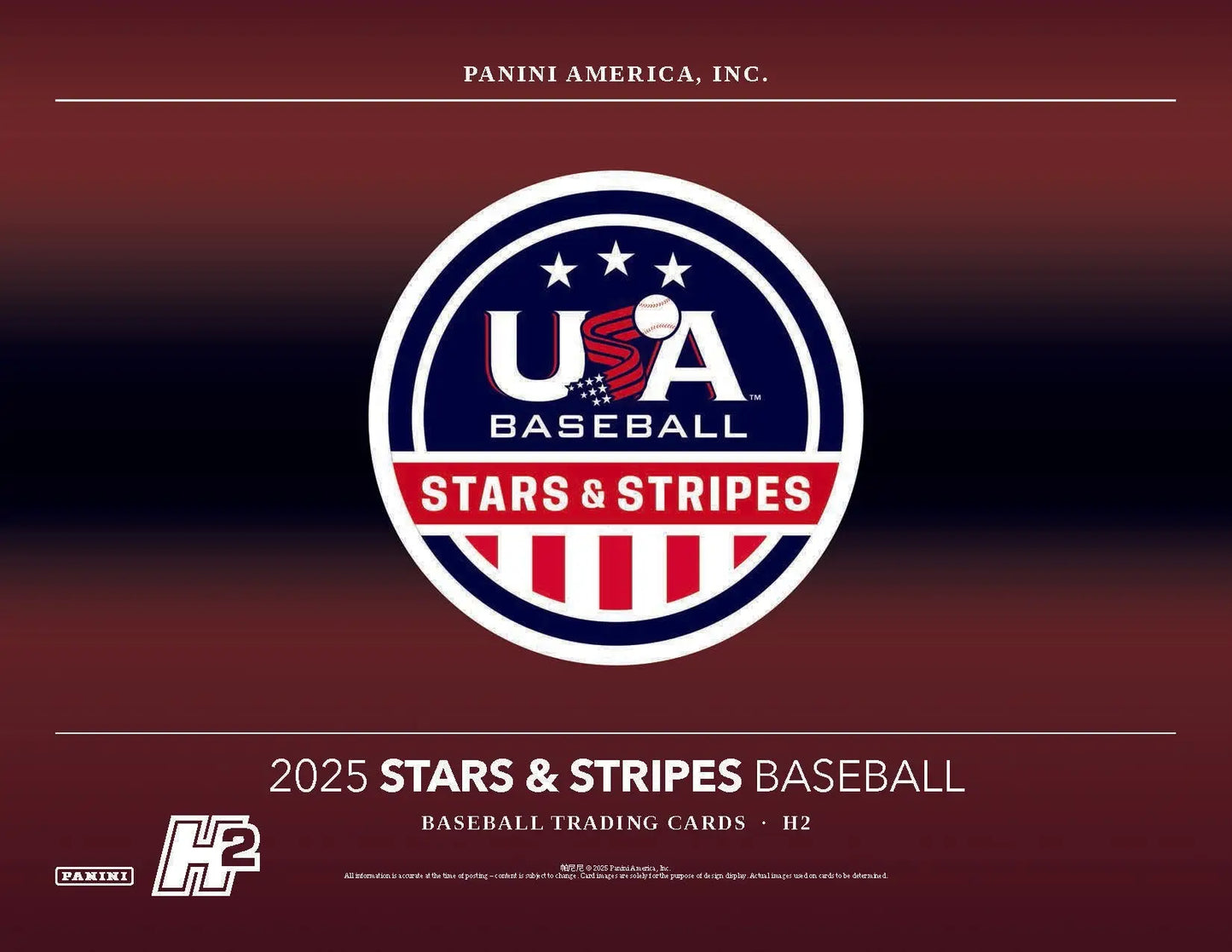 Baseball trading card packaging from the 2025 Panini USA Baseball Stars & Stripes Hobby Hybrid H2 Box featuring national team development program imagery