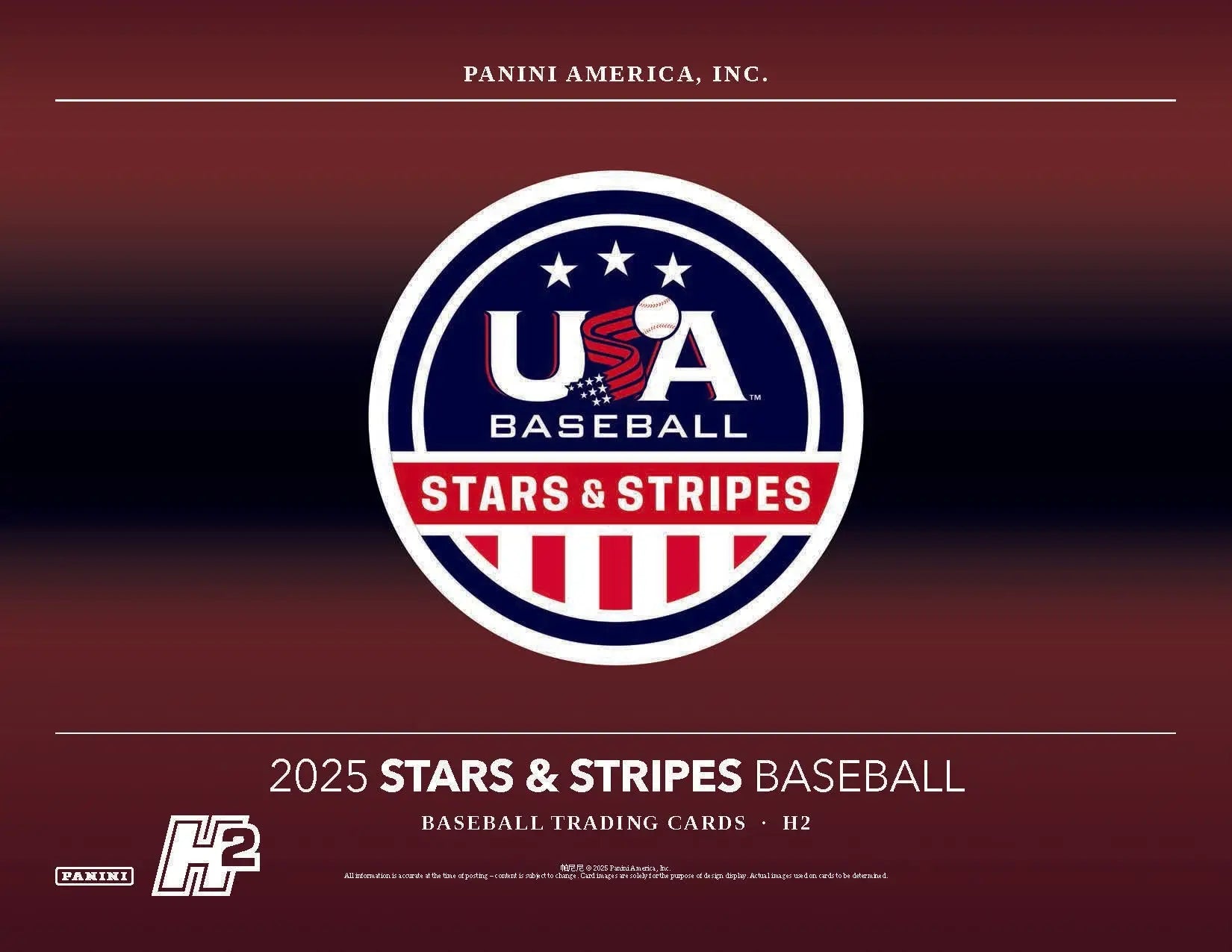 Baseball trading card packaging from the 2025 Panini USA Baseball Stars & Stripes Hobby Hybrid H2 Box featuring national team development program imagery
