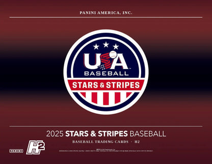 Baseball trading card packaging from the 2025 Panini USA Baseball Stars & Stripes Hobby Hybrid H2 Box featuring national team development program imagery