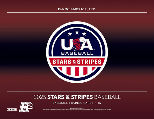 Baseball trading card packaging from the 2025 Panini USA Baseball Stars & Stripes Hobby Hybrid H2 Box featuring national team development program imagery