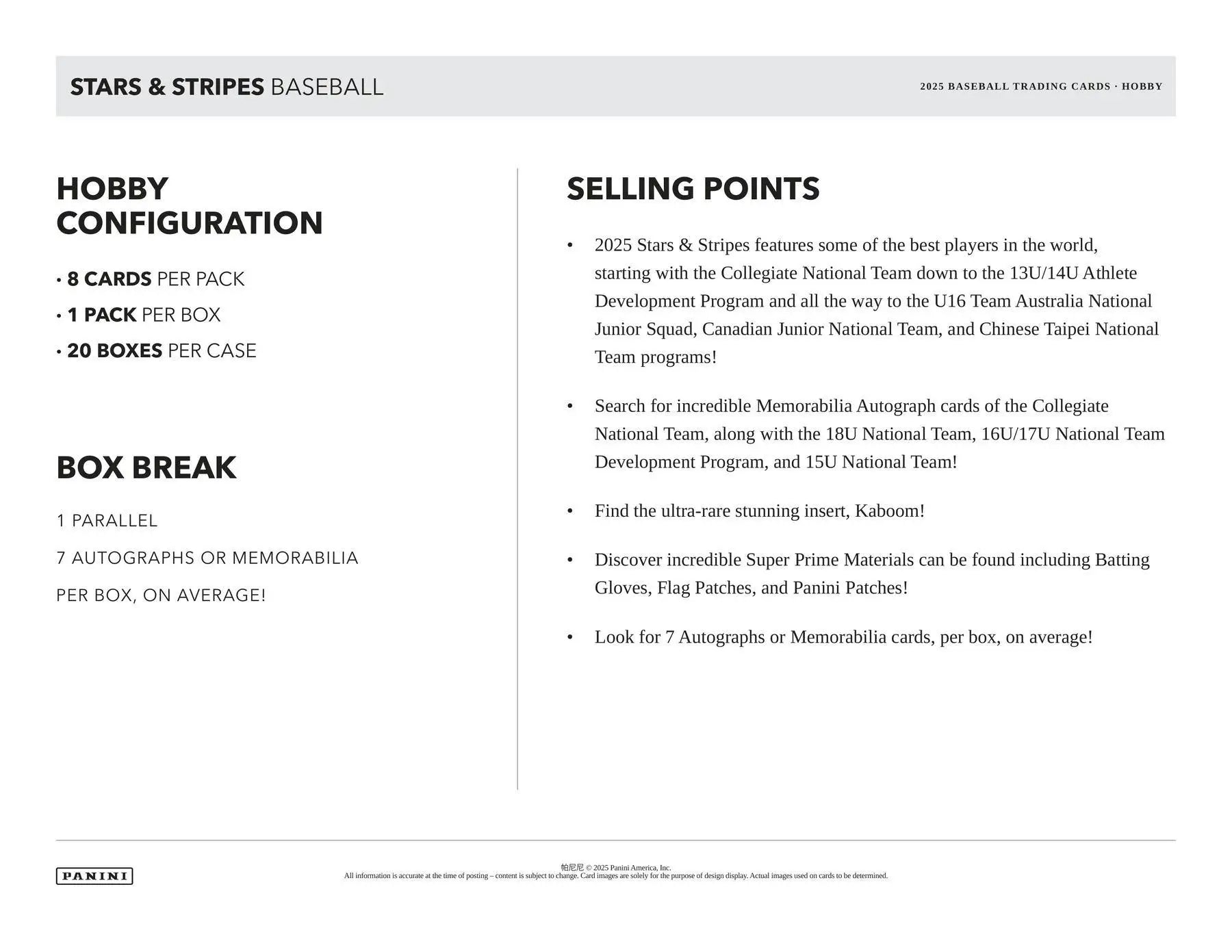 2025 Panini USA Stars & Stripes Baseball Hobby Box - Sports Card Hobby Boxes