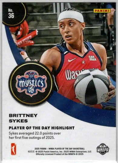 2025 Panini WNBA Player of the Day Blue Parallel Card 36 Brittney Sykes 15/50 - Basketball Card Single