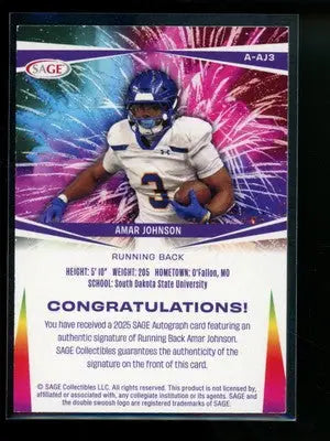 2025 SAGE Amar Johnson #A-AJ3 Autograph Football - Football Card Single