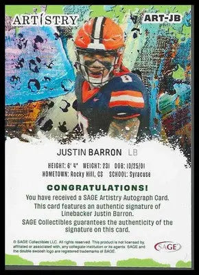 2025 Sage Artistry Autograph Red #ART-JB Justin Barron