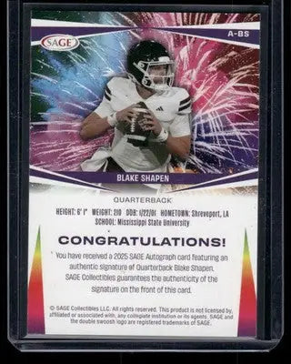 2025 SAGE Autograph Blake Shapen #A-BS 34/100 Football - Football Card Single