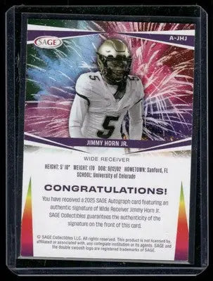 2025 SAGE Autograph Jimmy Horn Jr. #A-JHJ 82/100 Football - Football Card Single