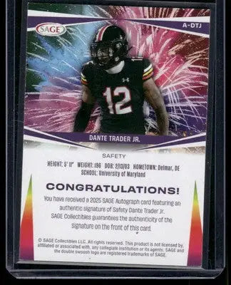 2025 SAGE Autographs Dante Trader Jr. #A-DTJ Football - Football Card Single