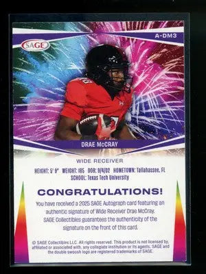2025 Sage Drae McCray #A-DM3 Autograph Football - Football Card Single