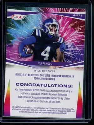2025 SAGE Eli Pancol #A-EP3 Autograph Football - Football Card Single