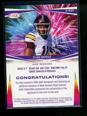 2025 SAGE Elijah Spencer #A-ES2 36/100 Autograph Football - Football Card Single