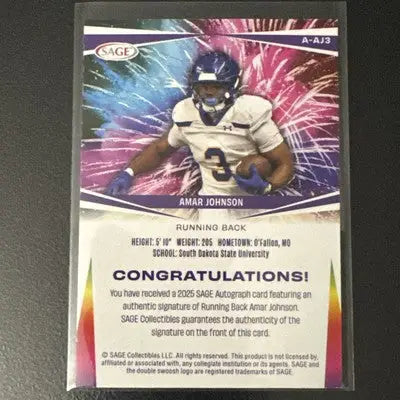 2025 Sage Football Auto Amar Johnson High - Football Card Single