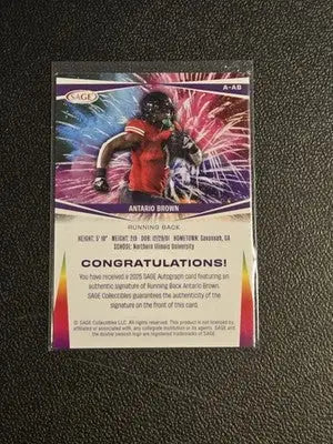 2025 SAGE HIT #A-AB Antario Brown Autographs Blue (High Series) - Football Card Single