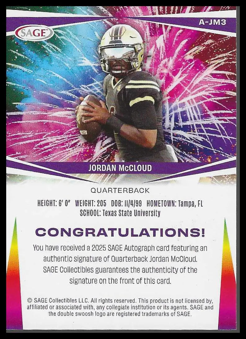 2025 SAGE HIT Autographs Red (Low Series) #A-JM3 Jordan McCloud - Football Card Single