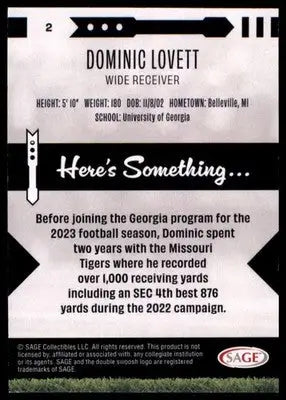 2025 SAGE HIT - Red Dominic Lovett 2 Detroit Lions