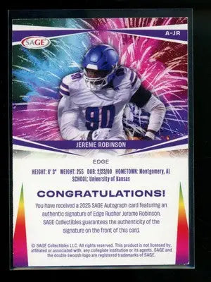 2025 SAGE Jereme Robinson #A-JR Autograph Football - Football Card Single