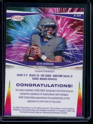2025 SAGE Seth Henigan #A-SH Auto 78/100 Football - Football Card Single