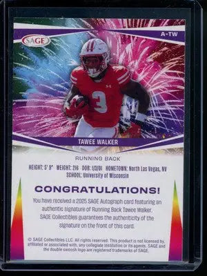 2025 Sage Tawee Walker #A-TW Autograph Football - Football Card Single