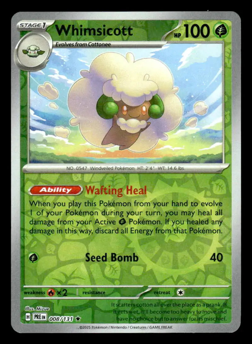 2025 Scarlet & Violet: Prismatic Evolutions Whimsicott #008/131 Reverse Holo Rar - Pokémon Card Single