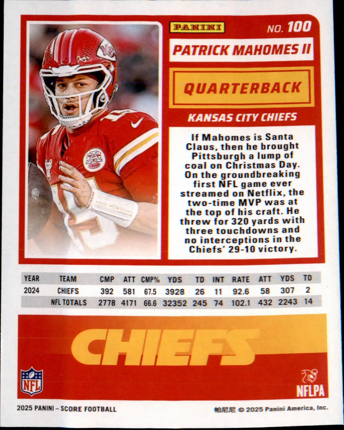 2025 Score #100 Patrick Mahomes II - Football Card Single