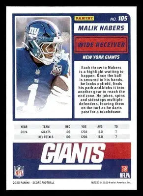 2025 Score #105 Malik Nabers - Football Card Single