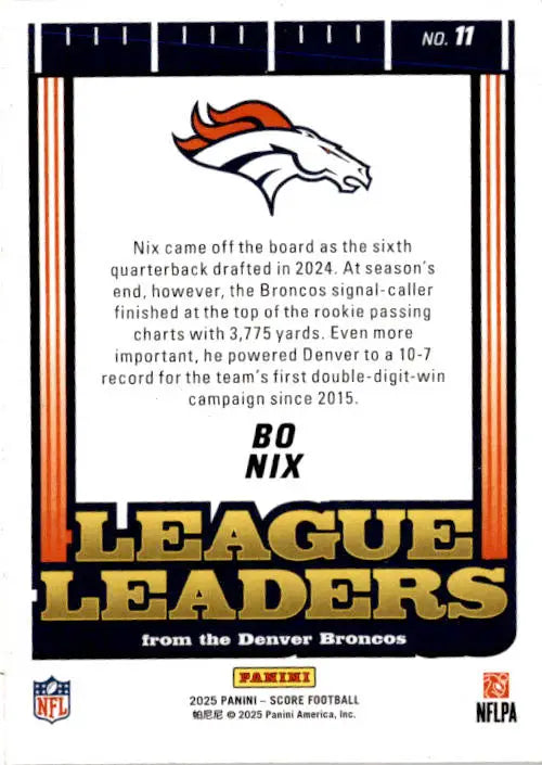 2025 Score #11 Bo Nix League Leaders - Football Card Single