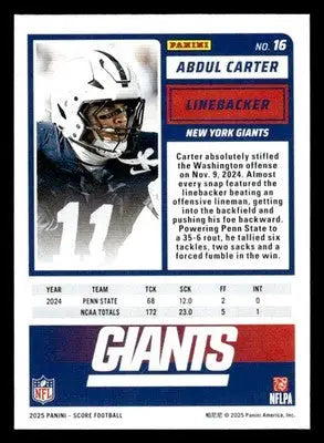 2025 Score #16 Abdul Carter - Football Card Single