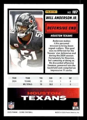 2025 Score #187 Will Anderson Jr. - Football Card Single