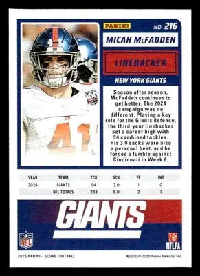 2025 Score #216 Micah McFadden - Football Card Single