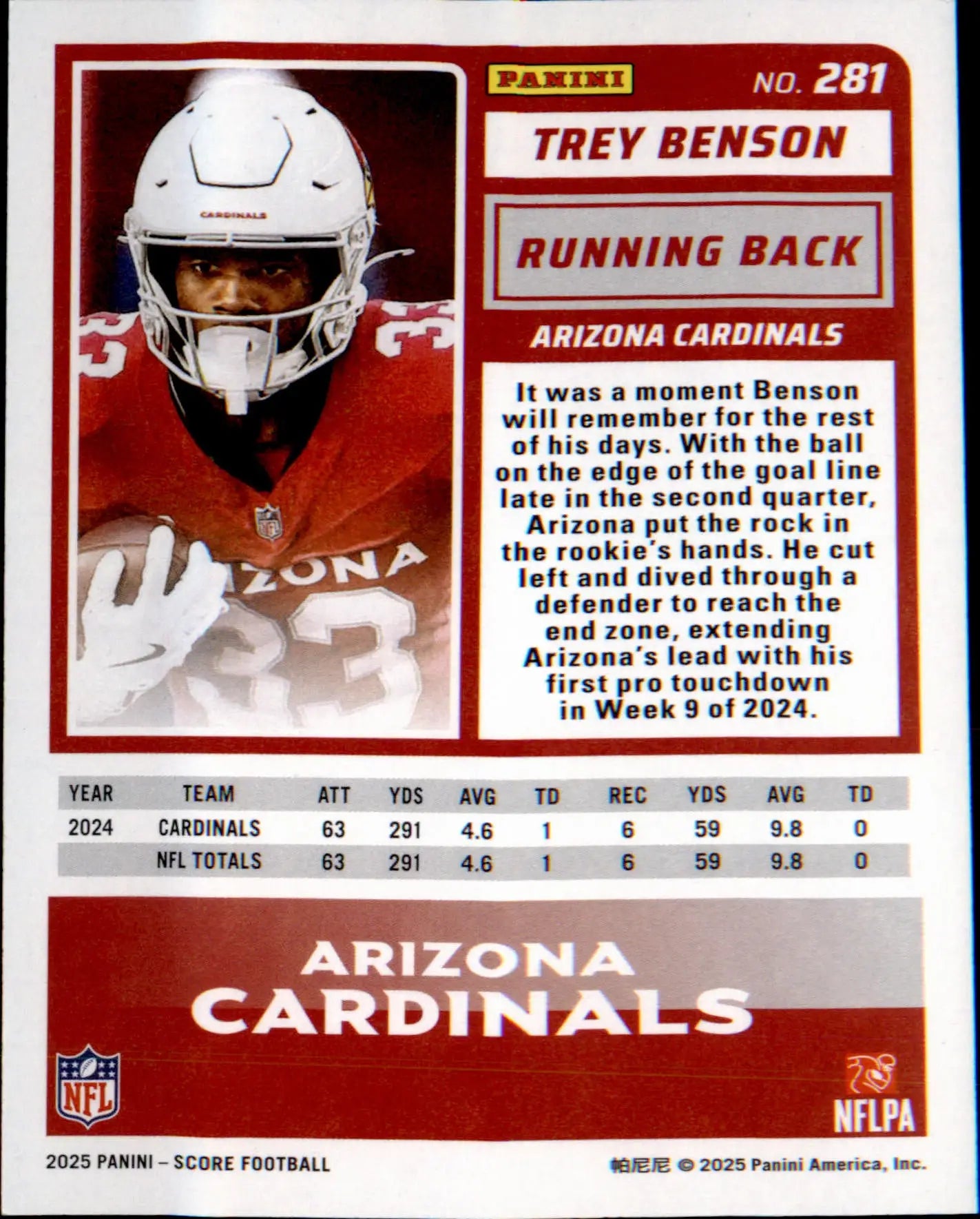 2025 Score #281 Trey Benson - Football Card Single