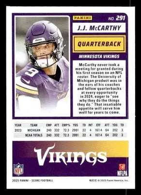 2025 Score #291 J.J. McCarthy Minnesota Vikings - Football Card Single